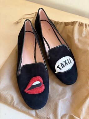 kate spade Claudia Big Apple Loafer Black Suede Taxi & Lip Embellished Loafers